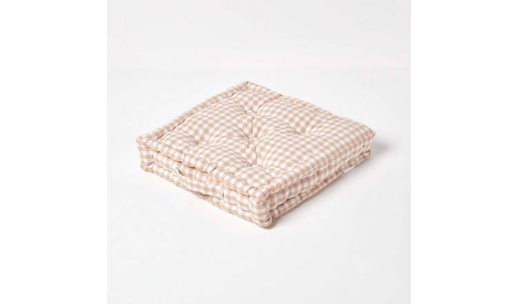 Homescapes Gingham Check Cotton Floor Cushion - 40 x 40 cm - Beige