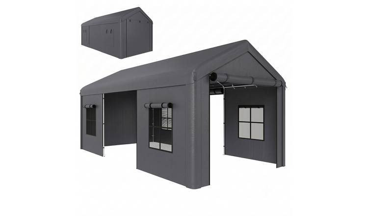Outsunny Galvanised Frame Roll-Up Doors Mesh Windows Carport – Dark Grey