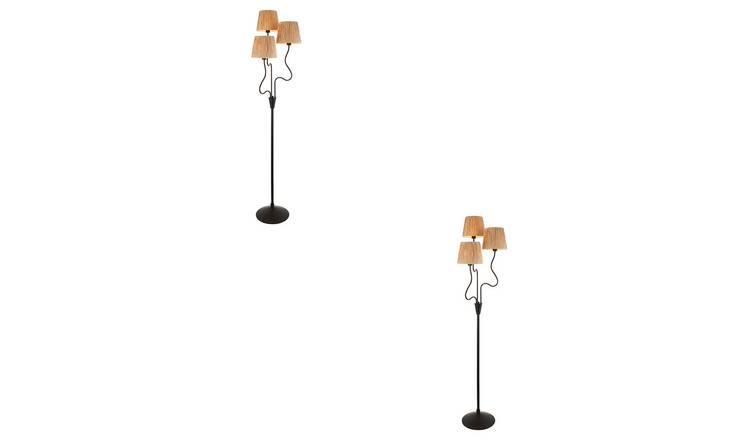 Loops Direct Set of 2 3-Arm Raffia Floor Lamps - Matt Black & Natural Raffia