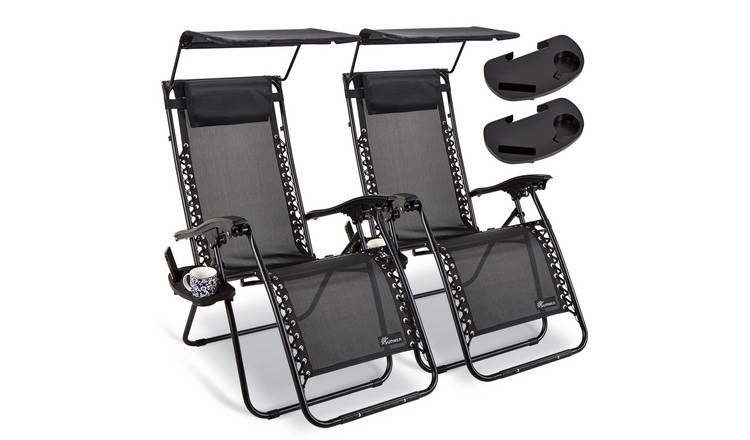 SUNMER Set of 2 Sun Lounger with Canopy - Black