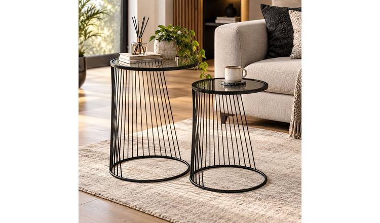 Orsina Trento Set of 2 Round Glass-Top Side Tables - Black and Grey