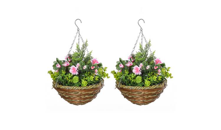 Outsunny Set of 2 Hanging Artificial Lisianthus Flowers with Basket - Pink Green