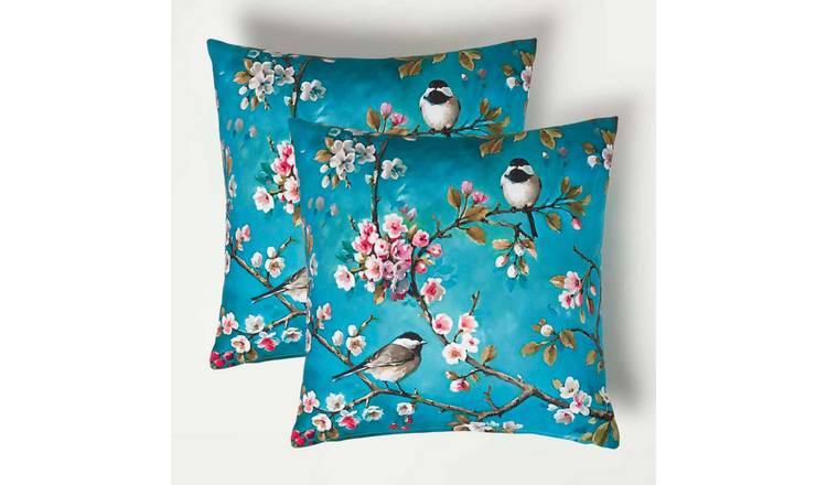Homescapes Pack of 2 Birds Outdoor Cushion - Blue