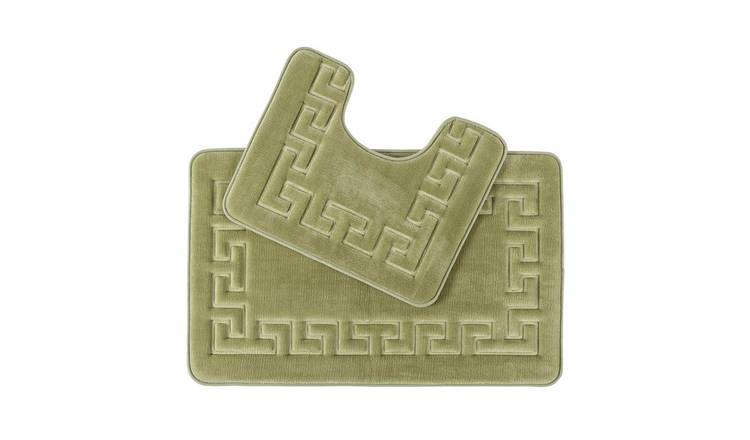 Homescapes Memory Foam Greek Key Sage Green Bath Mat Set