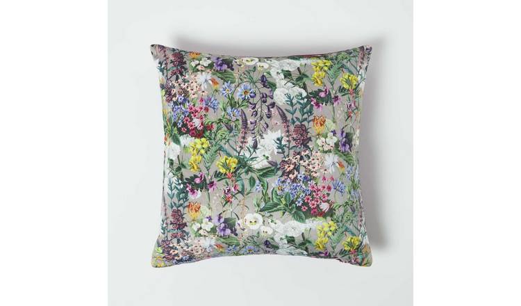 Homescapes Purple Botanical Garden Floral Velvet Filled Cushion - 46 x 46 cm