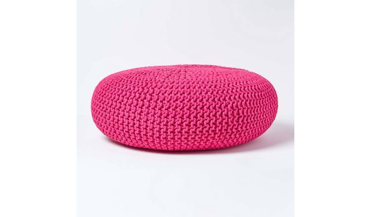 Homescapes Large Round Cotton Knitted Pouffe Footstool – Hot Pink