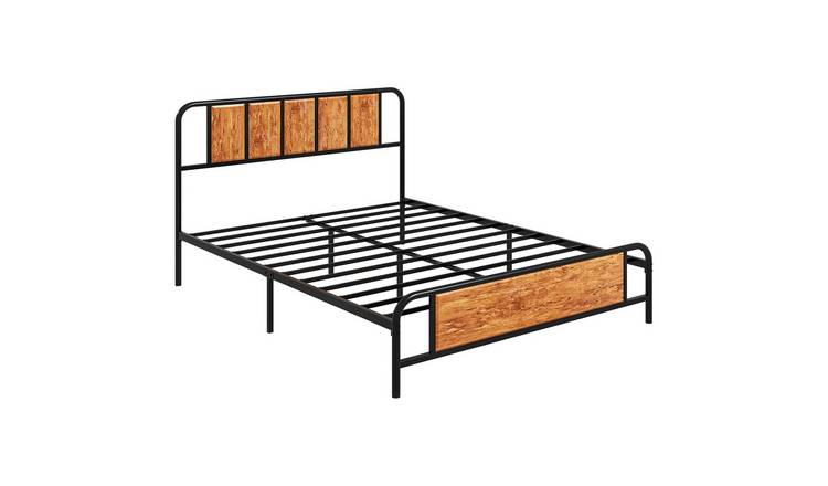 HOMCOM Steel King Bed Frame with Industrial Wood Headboard - Rustic Brown