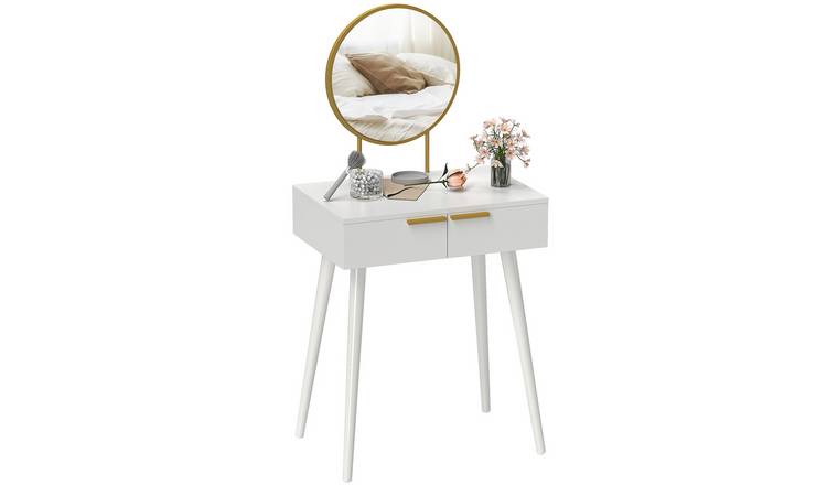 HOMCOM Modern Dressing Table with Round Mirror and 2 Drawers - White