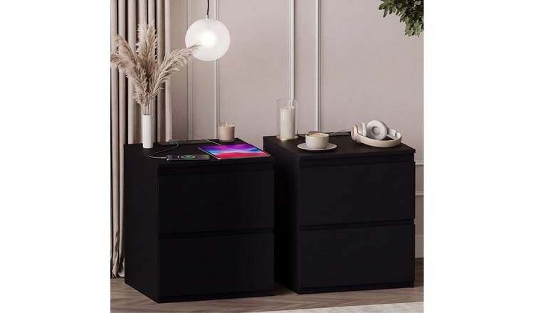 Vida Designs Denver 2 Drawer Bedside with Power Outlet - Set of 2 - Black