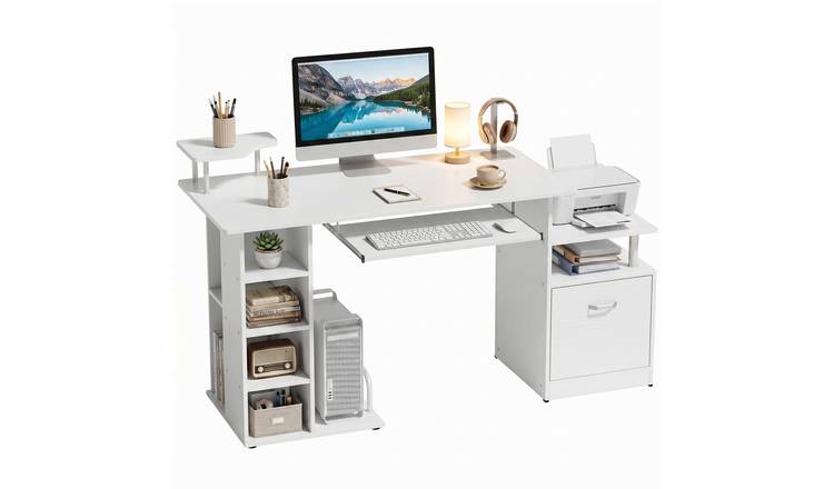 HOMCOM Computer Desk with Drawer Shelves and CPU Storage Rack - White