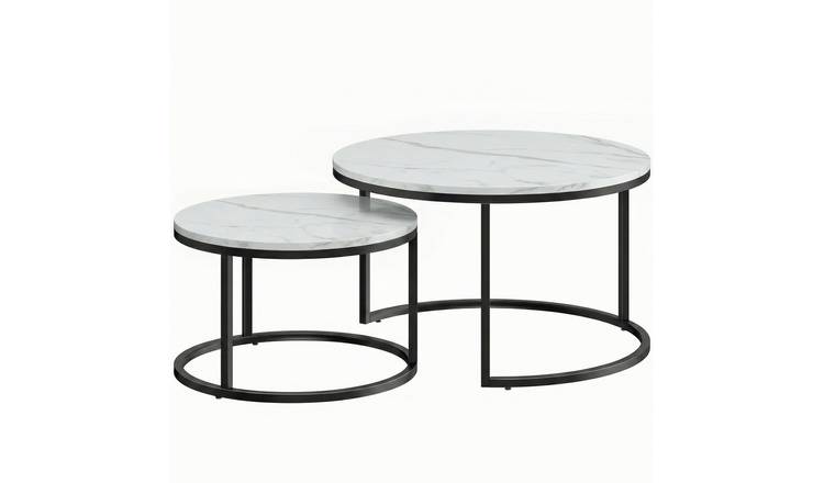 HOMCOM Round Coffee Table Set of 2 with Steel Frame - Marble White