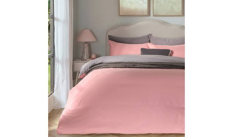 OHS Plain Dyed Reversible Duvet Cover Set Blush/Grey - Double