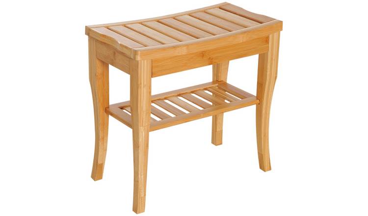 HOMCOM 2 Tier Slatted Shower Bench Storage Seat - Natural wood finish