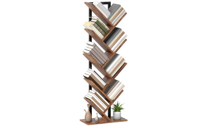 HOMCOM 9 Tier Industrial Freestanding Tree Bookcase - Rustic Brown