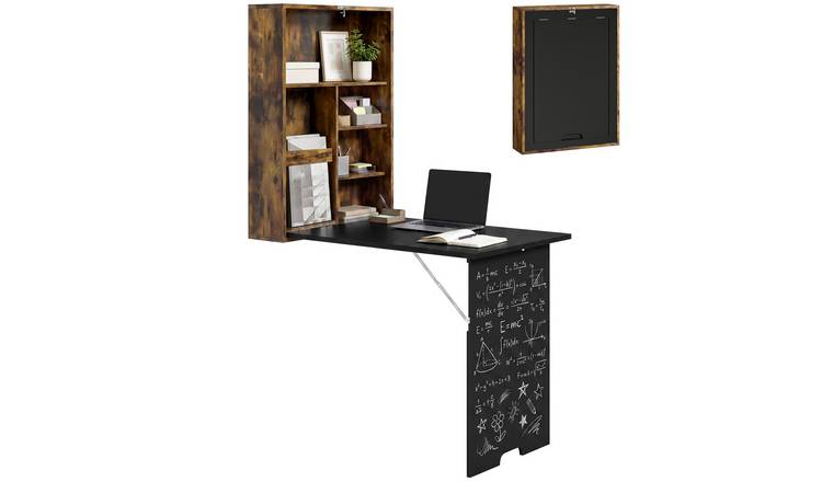 HOMCOM Folding Convertible Wall Table with Chalkboard - Rustic Brown