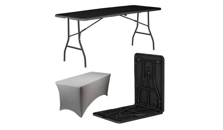 Harbour Housewares Folding Table with Fitted Tablecloth - Black/Grey