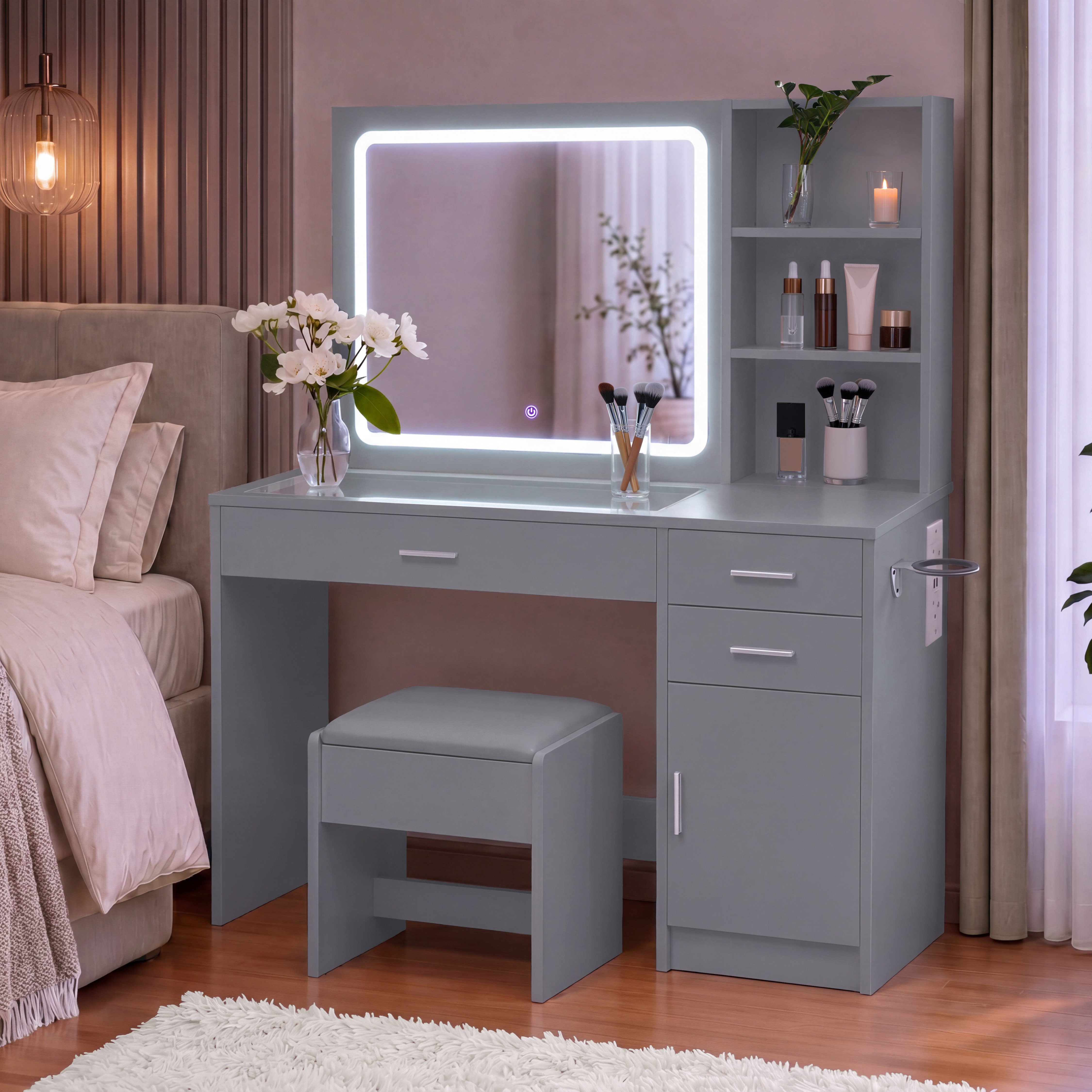 Buy Vida Designs Clova LED Dressing Table Set With Power Outlet - Grey | Dressing tables