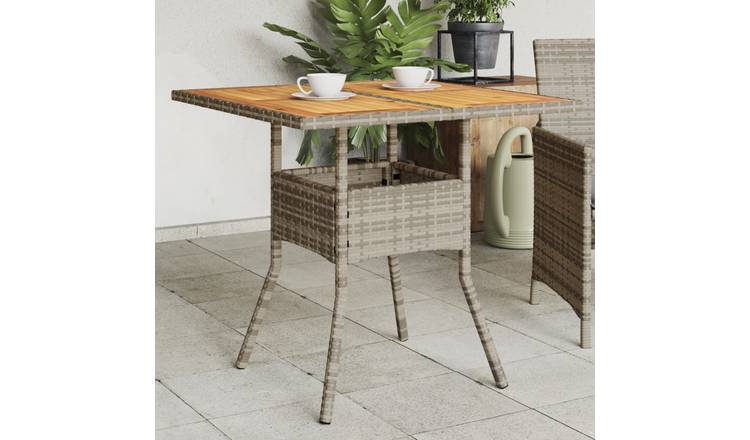 Walplus Poly Rattan Garden Table with Acacia Top - Grey - 80 x 80 x 75 cm