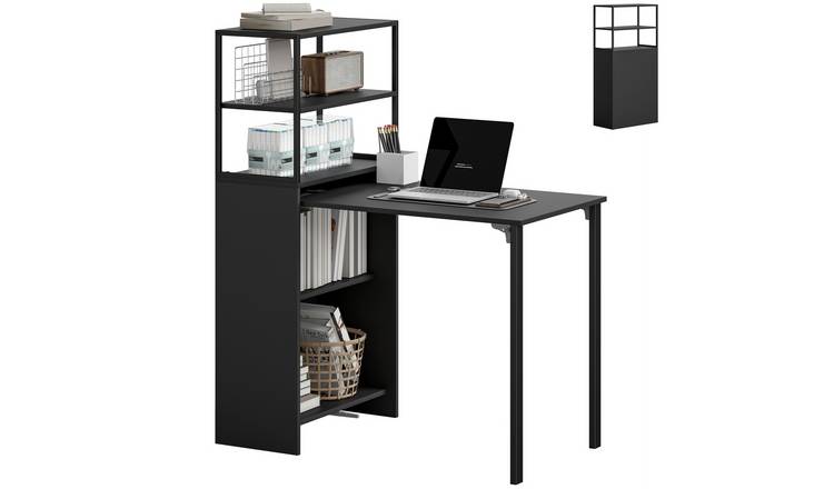 HOMCOM Industrial Folding Computer Desk with Bookshelf - Black
