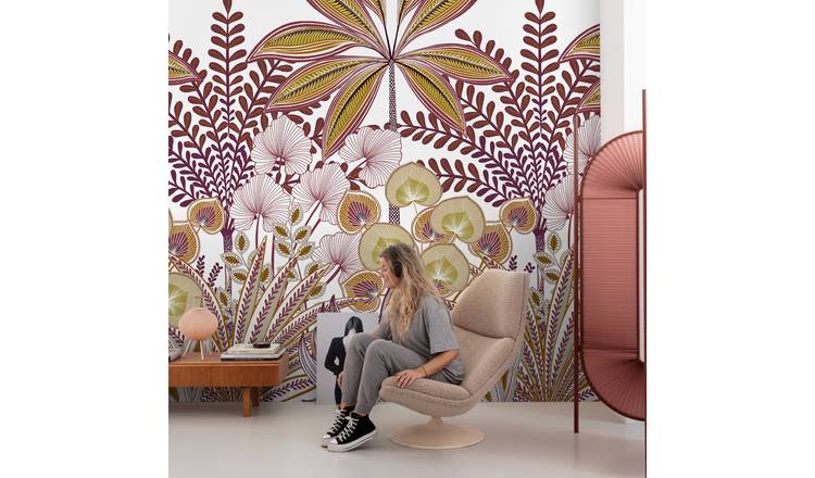 Grandeco Jody Retro Botanical 3 Lane Repeatable Wallpaper Mural   - Red
