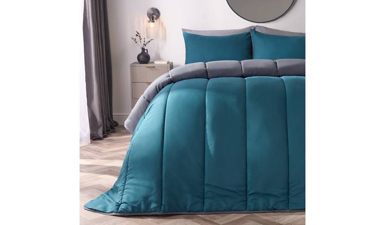 OHS Reversible 10.5 Tog Coverless Duvet Set Bedding Teal/Grey - Single