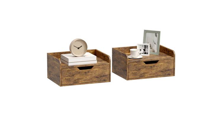 HOMCOM Set of 2 Floating Nightstand with Storage Drawer - Rustic Brown