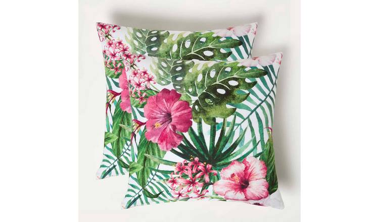 Homescapes Pack of 2 Botanical Flower Outdoor Cushion - Green