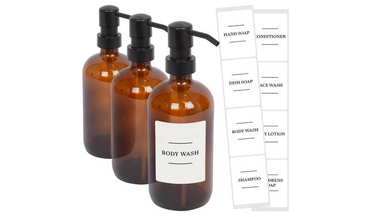 Harbour Housewares Soap Dispensers with Labels  - Amber/White - Set of 3