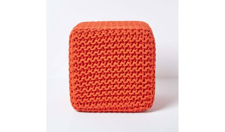 Homescapes Cube Cotton Knitted Pouffe Footstool – Burnt Orange