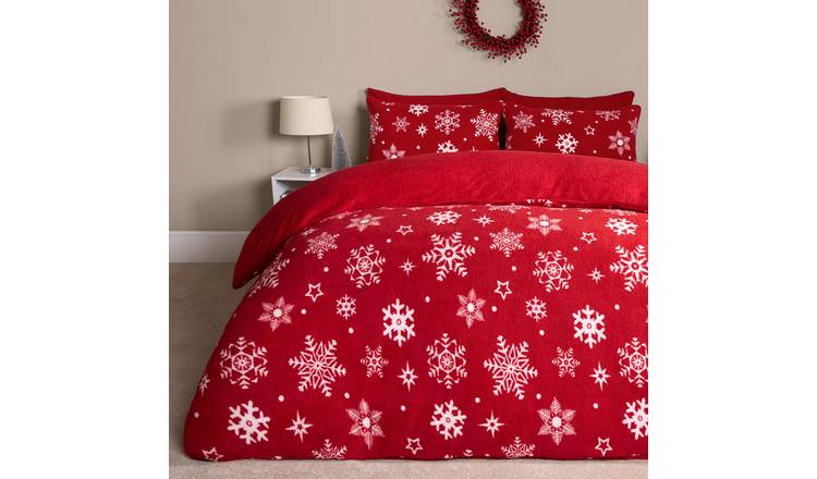 OHS Snowflake Xmas Teddy Fleece Duvet Cover Set Red - Single