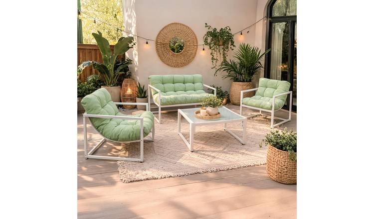 Neo 4 Piece Metal Patio Furniture Set with Glass Coffee Table- Green