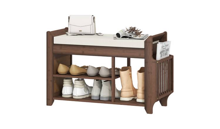 HOMCOM 2-Tier Bamboo Shoe Bench with Side Holder - Dark Brown and Cream
