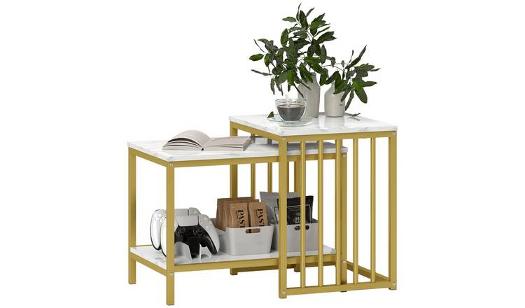 HOMCOM Set of 2 Modern Marble-Effect Nesting Side Tables - Gold Tone