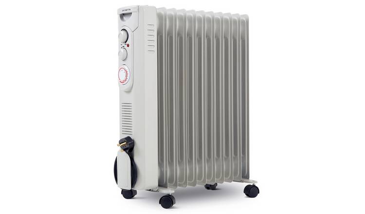 NETTA 2500W Oil Filled Radiator, Thermostat, 24H Timer, 11 Fin - Grey