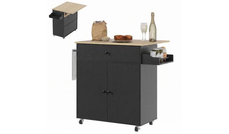 HOMCOM Adjustable Shelf Kitchen Island with Drop Leaf and Spice Rack - Black