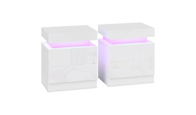 HOMCOM Set of 2 High Gloss Front Bedside Table with Light and 2 Drawers - White