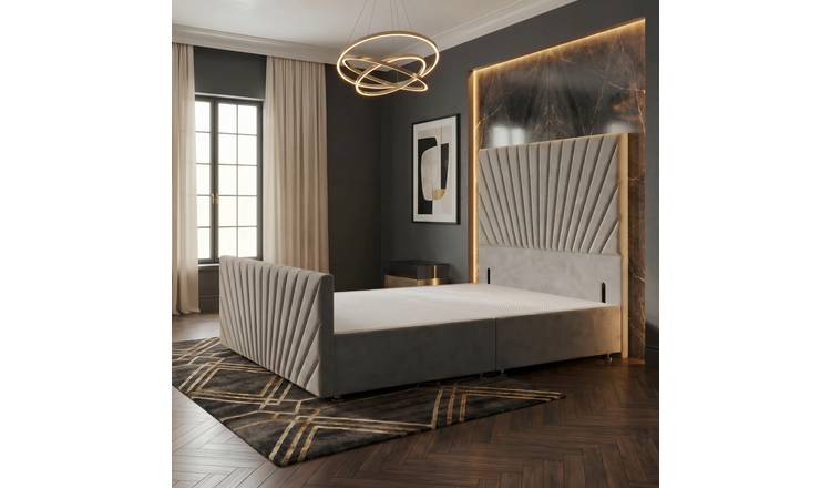Somnior Velvet Double Divan Bed with Footboard & Headboard - Silver