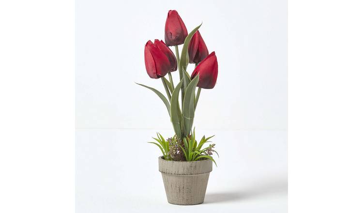 Homescapes Polyester Artificial Tulip Plant in Paper Pulp Pot - Red