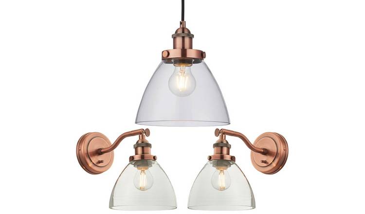 Loops Direct Steel Glass Pendant Two Wall Lights - Aged Copper