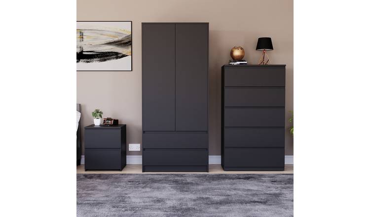 Vida Designs Denver Bedroom Set (Bedside, 5 Drawer Chest, 2x2 Wardrobe) - Black