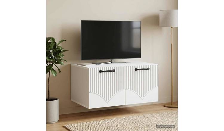 Walplus Wood Wall Mounted TV Cabinet Slim Design - White - 59.5 x 41 x 30 cm