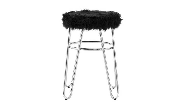 Orsina District Faux Fur Stool – Black & Chrome