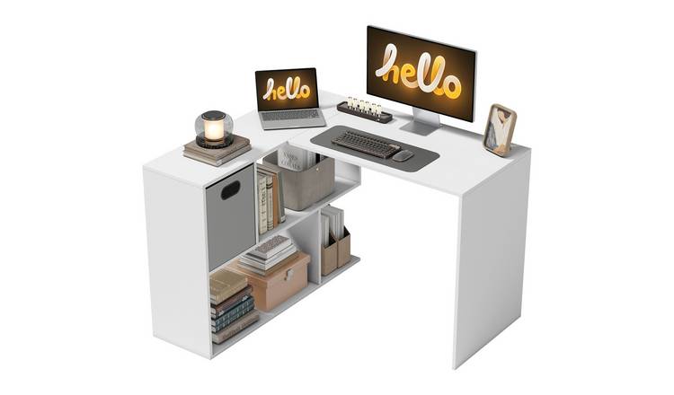 HOMCOM L Shaped Computer Desk with Fabric Drawer and Storage Shelves - White