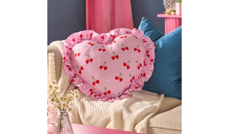 OHS Cherry Print Frill Heart Shaped Cushion - White/Pink - 40cm