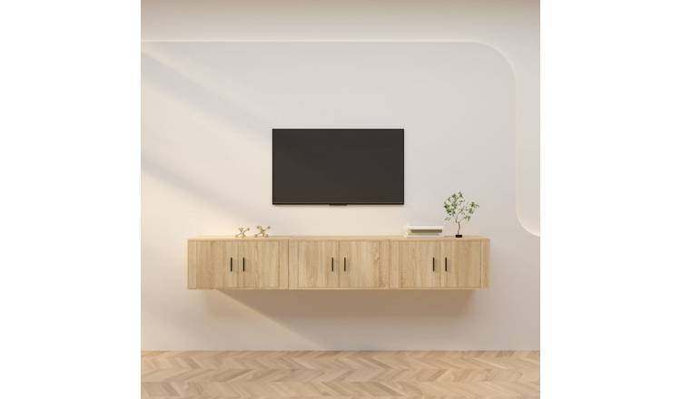 Walplus Pack of 3 Wall Mounted TV Cabinet - Light Oak - 80 x 34.5 x 40 cm