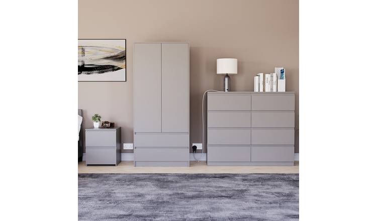Vida Designs Denver Bedroom Set (Bedside, 8 Drawer Chest, 2x2 Wardrobe) - Grey