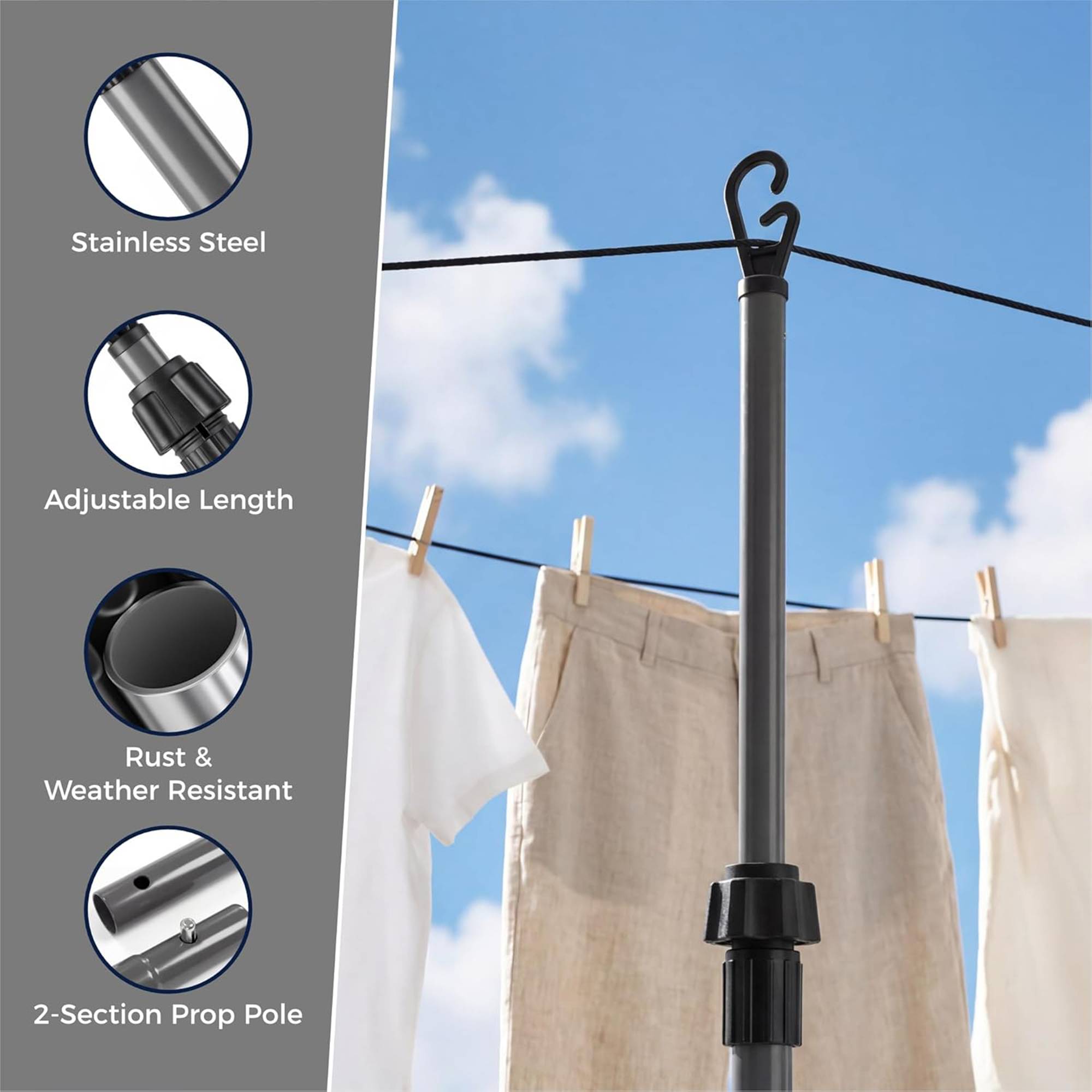 Vivo Technologies 2.4m Pack of 2 Washing Line Prop - Silver - Image 4