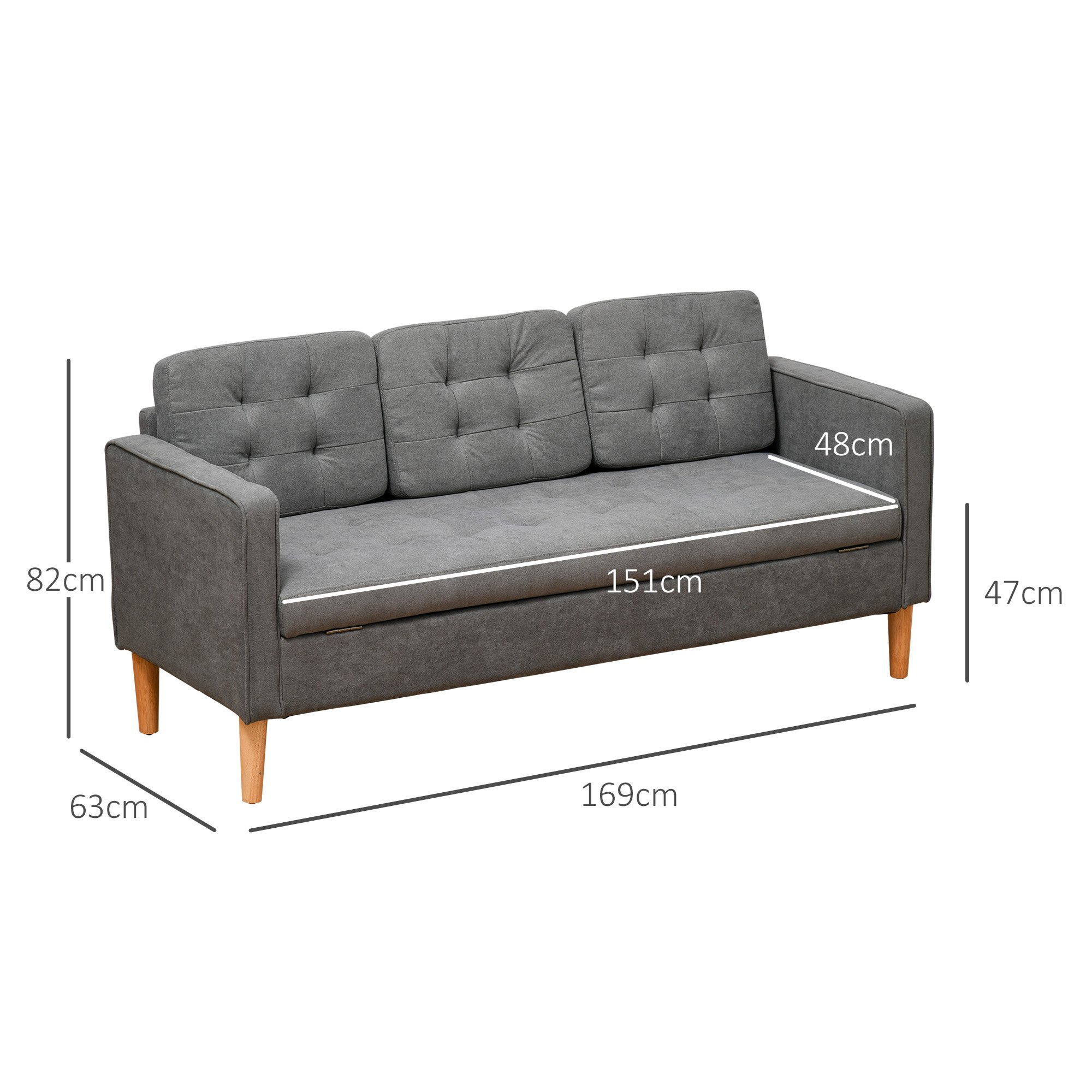 HOMCOM 3 Seater Fabric Sofa with Hidden Under Seat Storage - Grey - Image 7