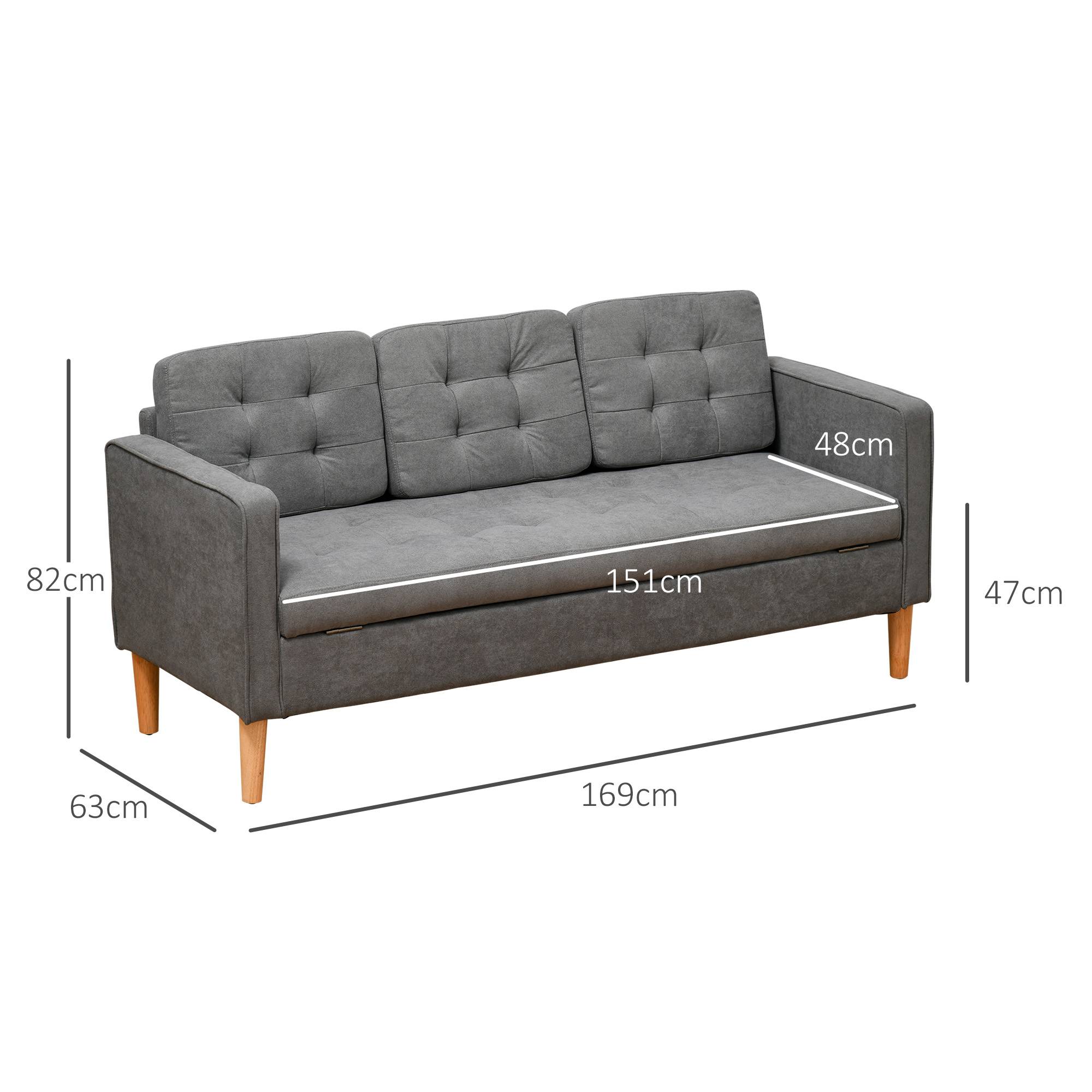 HOMCOM 3 Seater Fabric Sofa with Hidden Under Seat Storage - Grey - Image 7