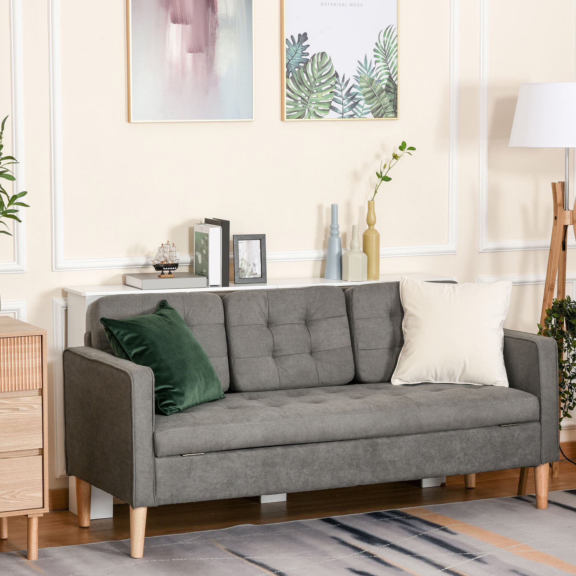 HOMCOM 3 Seater Fabric Sofa with Hidden Under Seat Storage - Grey - Image 2